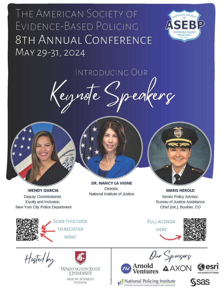 Register for our next conference, and hear our incredible lineup of speakers. Looking forward to hearing keynote speakers, including @NIJDirLaVigne, Director of the National Institute of Justice, stalwart advocates of evidence-based policing. See you all in Washington!