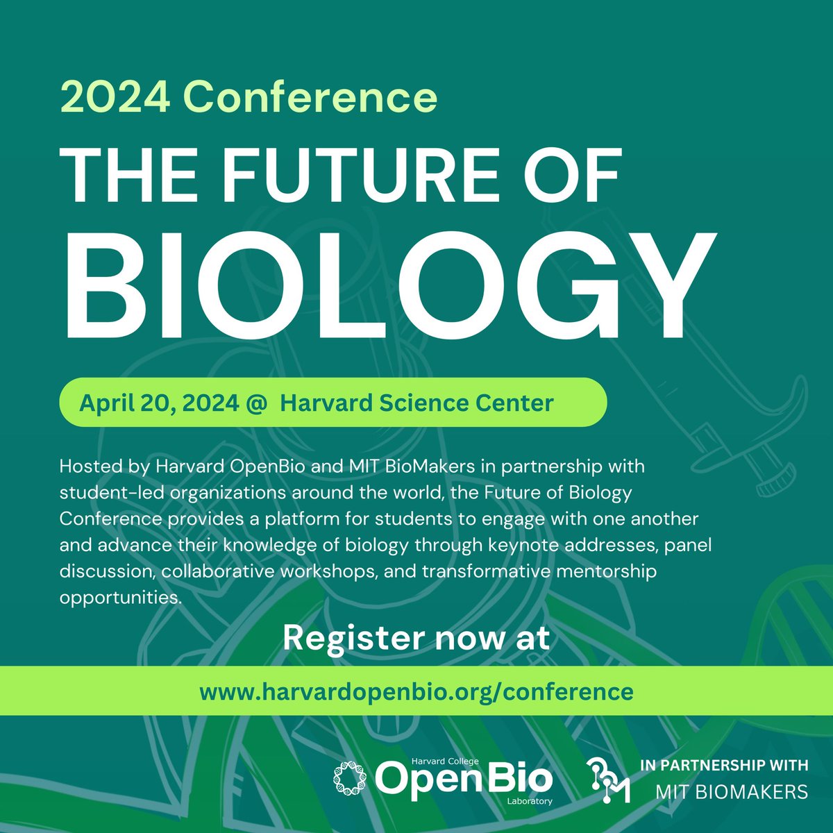 Excited to invite all students to the @harvardopenbio Future of Biology Conference 2024! We are lucky to have an incredible speaker line-up, incl.: 🧬 - @geochurch (@harvardmed) 🌱 - @reshmapshetty (@Ginkgo) 🦾 - @DrRituRaman (@MIT) 🧫 - @jgooten + @omarabudayyeh (@mcgovernmit)
