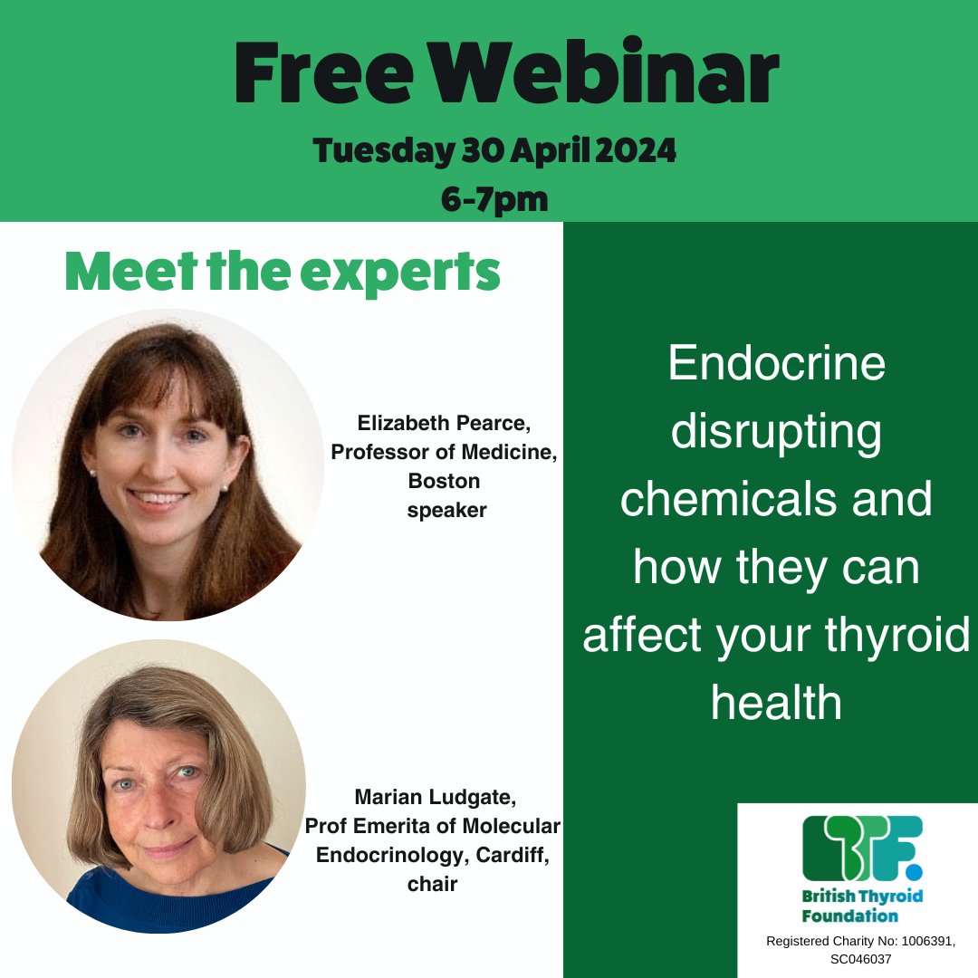 Endocrine-disrupting chemicals surround us & are linked to health conditions, incl. thyroid disease. Hear Prof Elizabeth Pearce talk about EDCs & their effect on thyroid health at our webinar 6-7 pm on 30 April. Register at:⤵️ tinyurl.com/3vj7bah7 #thyroid #PFAS @Alex_Ruani