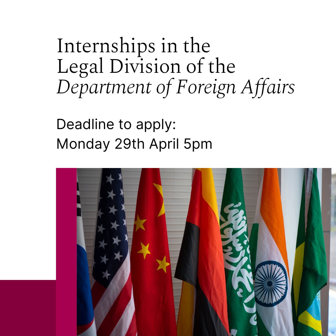 The @dfatirl is now accepting applications for paid internships in its Legal Division. This opportunity is open to law graduates and postgraduate students.

More info: gov.ie/en/organisatio…

#UniversityOfGalway #ForYouForTomorrow #GalwayLaw

@UniOfGalway @GalwayCareers