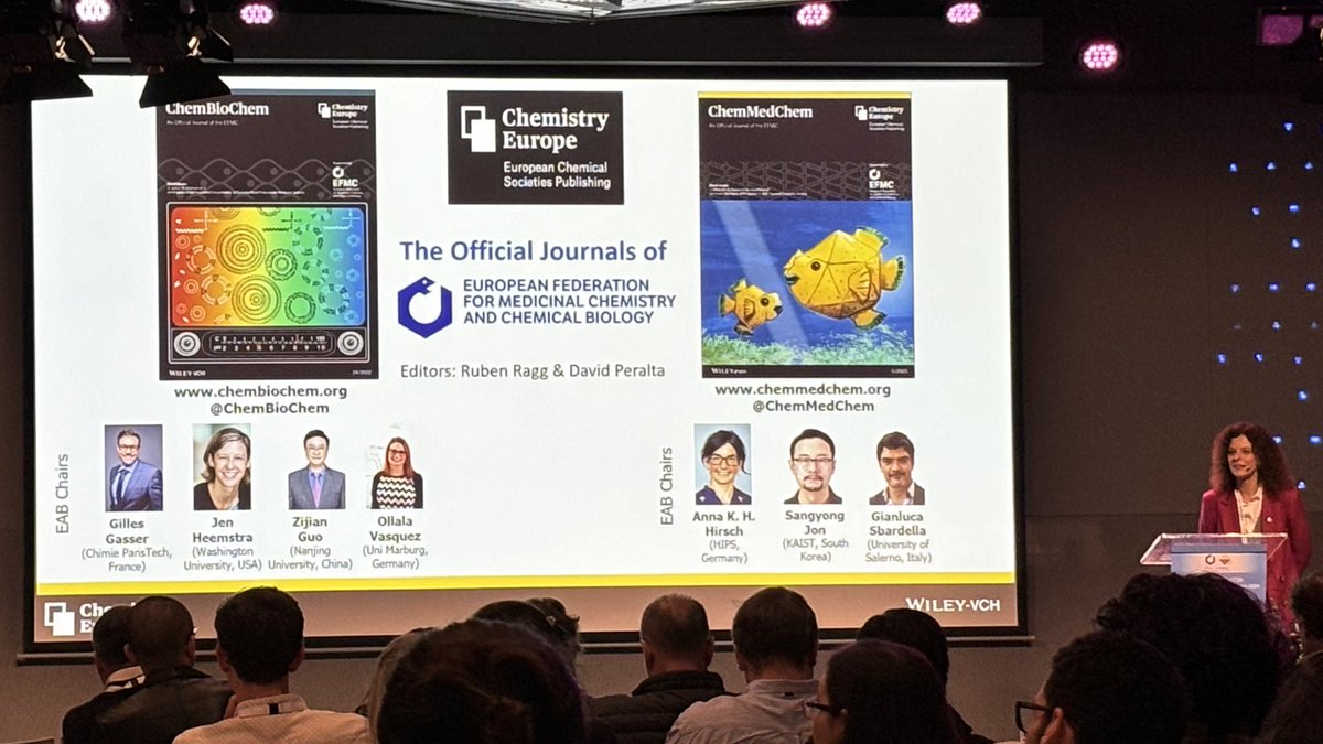 Thanks to @EuroMedChem & @AcsMedi for the @ChemEurope lecture by @mariacmatos at #MedChemFrontiers24! We invite everyone to follow, read & publish in @ChemBioChem & @ChemMedChem, YOUR official EFMC journals! Looking forward to the EFMC-ISMC in Rome in Sept. #medchem #chembio