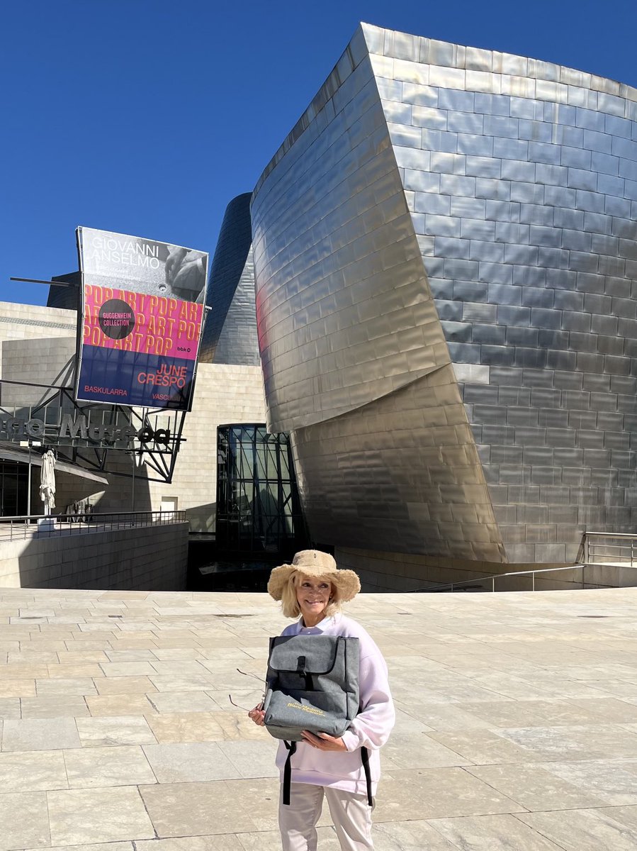 Had to hang onto my backpack here in the Guggenheim Museum in beautiful Bilbao. (It is an art work itself!#TheMadameBlancMysteries)