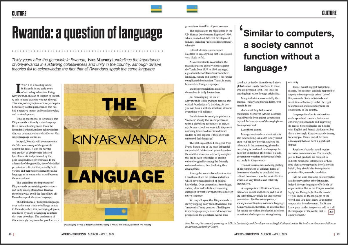 #Rwanda marked 30 years since the #genocide. @ALC_KCL fellow Ivan Muvunyi sheds light on Kinyarwanda's crucial role in fostering Unity. He explores the resilience of the language amid challenges & its significance in healing and rebuilding the nation. 🔗africabriefing.com/africa-briefin…