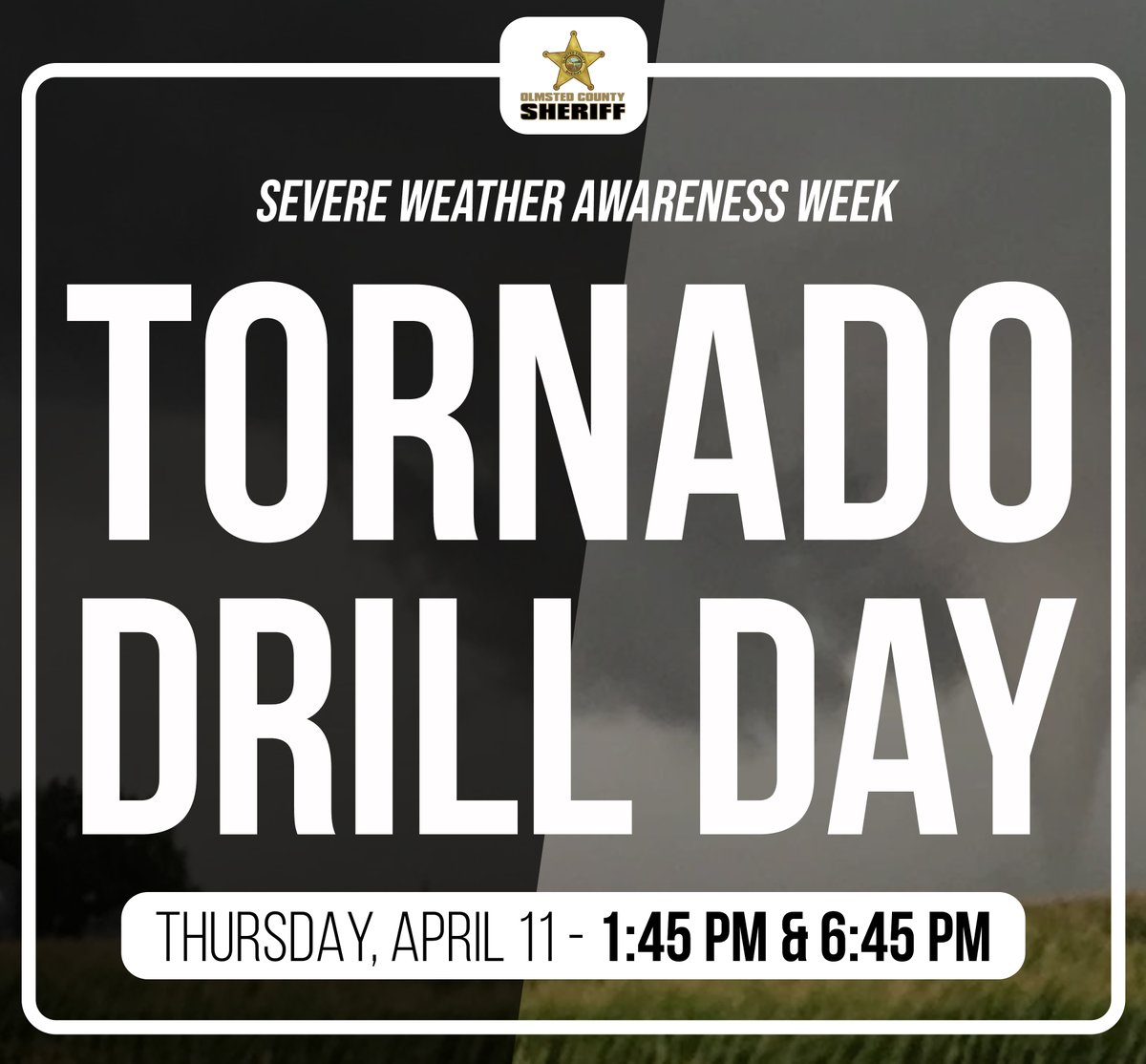 It's #TornadoDrillDay across #Minnesota! At 1:45 p.m. and 6:45 p.m., we will sound the outdoor warning sirens across #OlmstedCounty. This is an excellent opportunity to practice your tornado sheltering plans at work, school, and/or home.

👉 bit.ly/3roI6uz

#mnSWAW