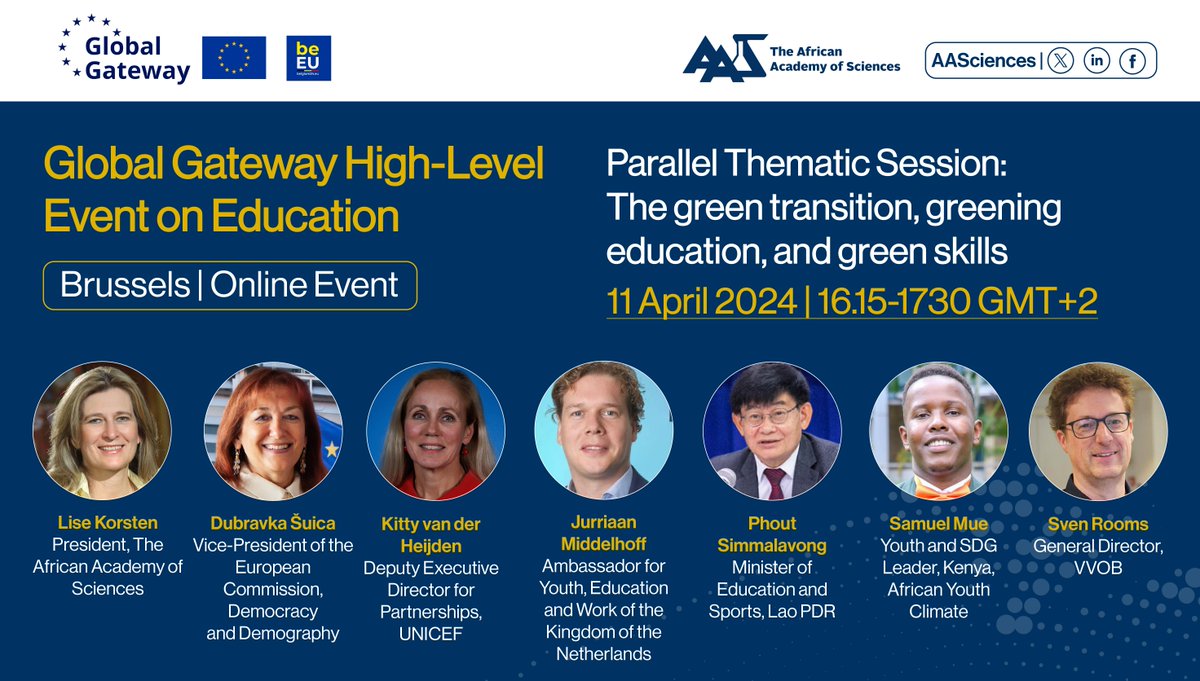 Happening now: #GlobalGateway High-Level Event on Education! Lise Korsten, Sven Rooms, Dubravka Šuica and other speakers will take the stage to discuss the green transition, greening education, and green skills. Watch live👉shorturl.at/eijO5 #SDG4 @EU_Partnerships @VVOBvzw