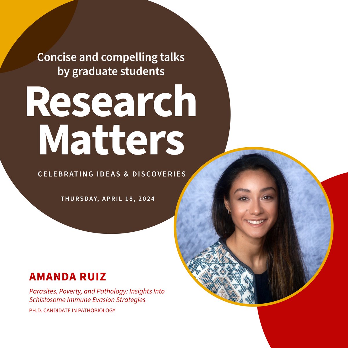 Introducing the 2024 Research Matters Speakers! Amanda Ruiz, Ph.D. Candidate in Pathobiology, presents: Parasites, Poverty, and Pathology: Insights Into Schistosome Immune Evasion Strategies Join us next week: April 18 at 4 pm at Grant Recital Hall graduateschool.brown.edu/research-matte…