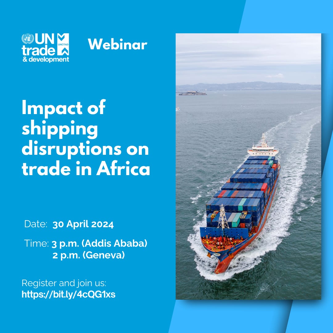 Disruptions in major global maritime trade waterways are having far-reaching economic implications.

Join @UNCTAD experts & other stakeholders on 30 April to discuss the impact of the disruptions on trade in Africa & identify solutions.

Register today: ➡️ bit.ly/4cQG1xs