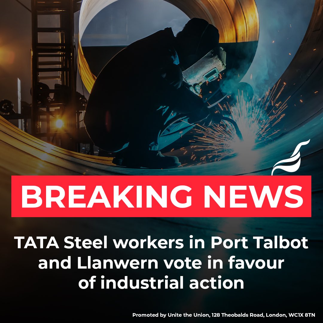 🚨 BREAKING NEWS 🚨 Our members at TATA Steel in Port Talbot and Llanwern have voted in favour of industrial action. The fight to save steelmaking in Wales will continue. We’ll be backing our members every step of the way. More here - unitetheunion.org/news-events/ne… #SaveUKSteel