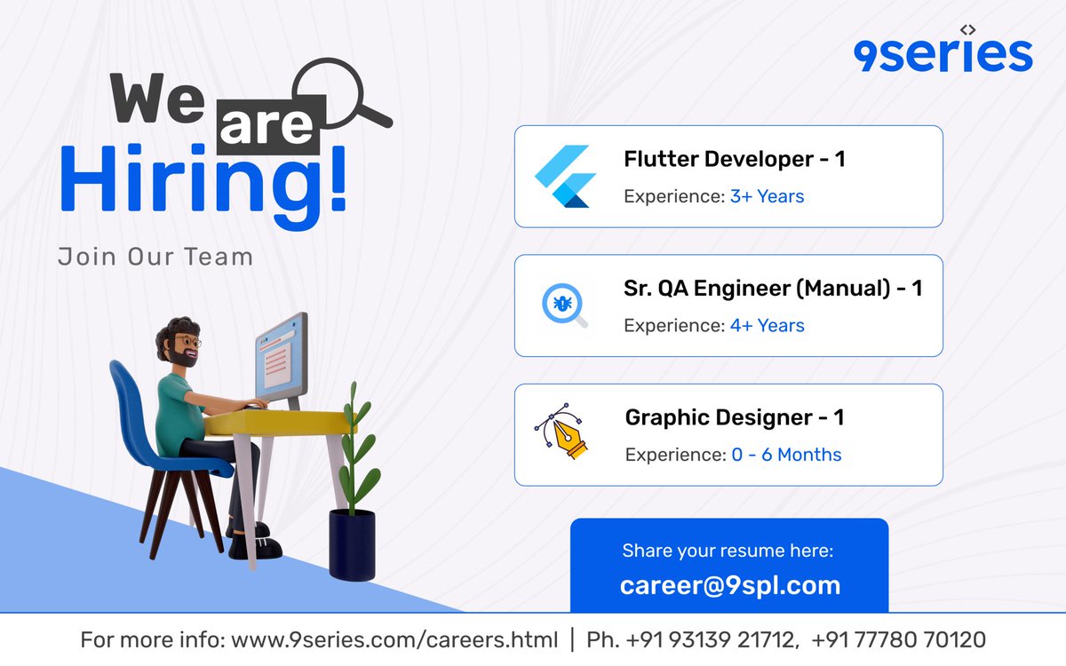 Where innovation meets inspiration, careers take flight. Ready to make a difference? We're hiring! 💪

💁‍♂️ Register here: 9series.com/careers.html
.
.
.
#Flutterdeveloper #QAEngineer #GraphicDesigner #ITJobs #Jobs #Ahmedabad #ITAhmedabadjobs #Ahmedabadjobs #9series