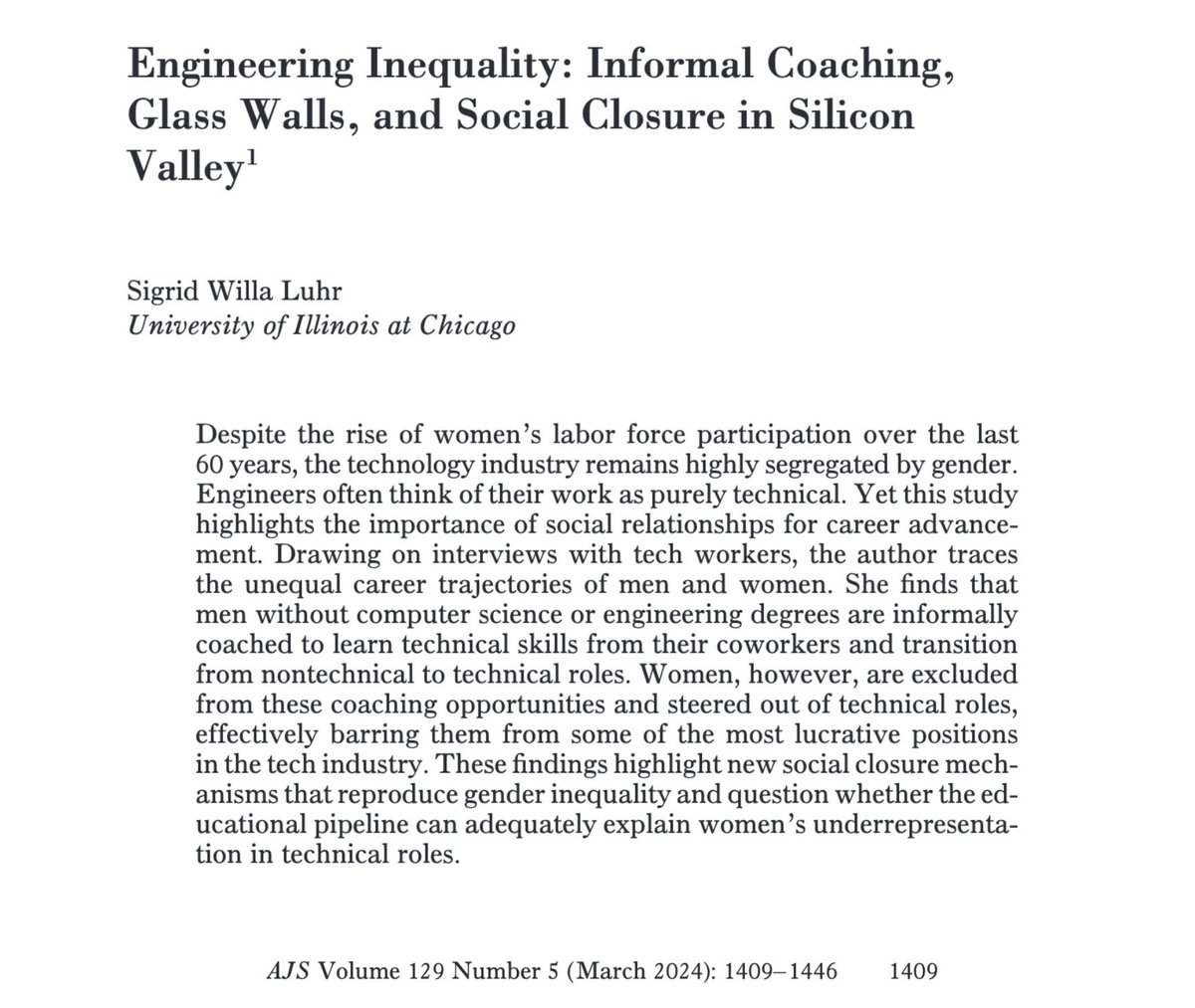 Excited to share my new article, “Engineering Inequality: Informal Coaching, Glass Walls, and Social Closure in Silicon Valley” - out now in AJS! This one was years in the making and I’m so glad it’s finally out in the world. Read on below: doi.org/10.1086/729506