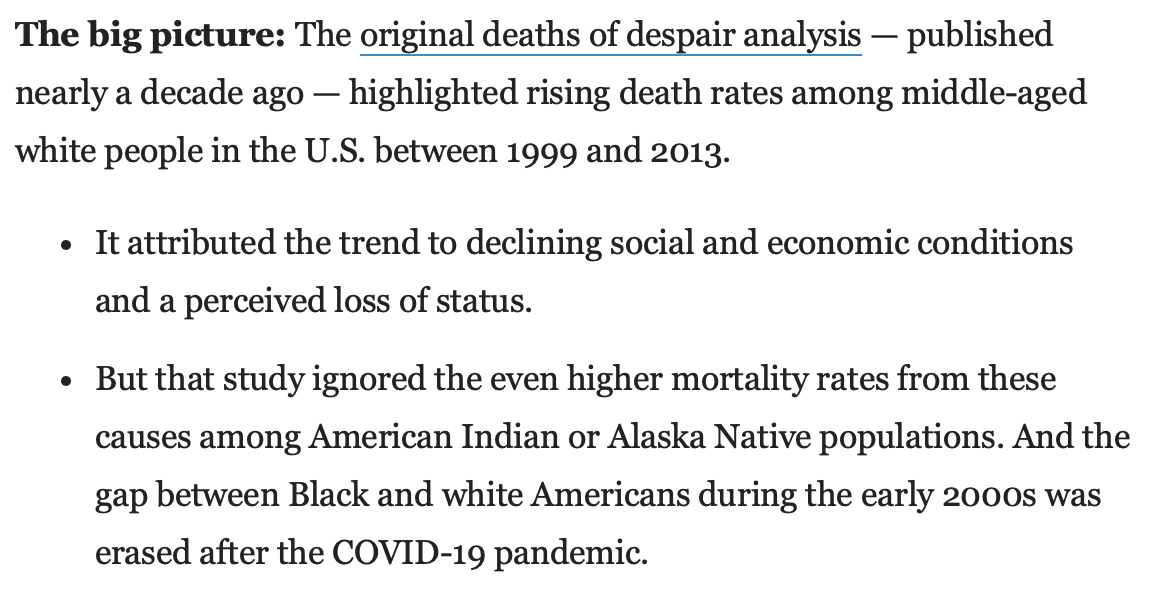 ''Some things have changed and some things we're realizing we were wrong about in the mainstream narrative,' said [Friedman] [...] 'In any way you cut it, [it] is not accurate to say deaths of despair are highest among white individuals.'' axios.com/newsletters/ax… #axiosvitals