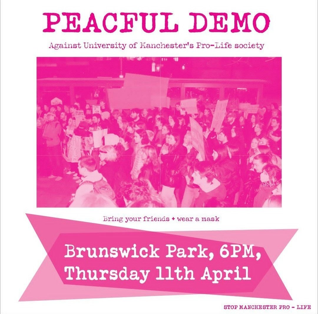 We will be supporting @mcrleftaction and the Stop Pro Life demonstration this evening against the Christian Far-Right meeting held by the Pro-Life society. Get on down to Brunswick Park, UoM campus at 6pm, bring ur pals n mask up! ¡NO PASARÁN! FEMINIST ANTIFASCISM EVERYWHERE