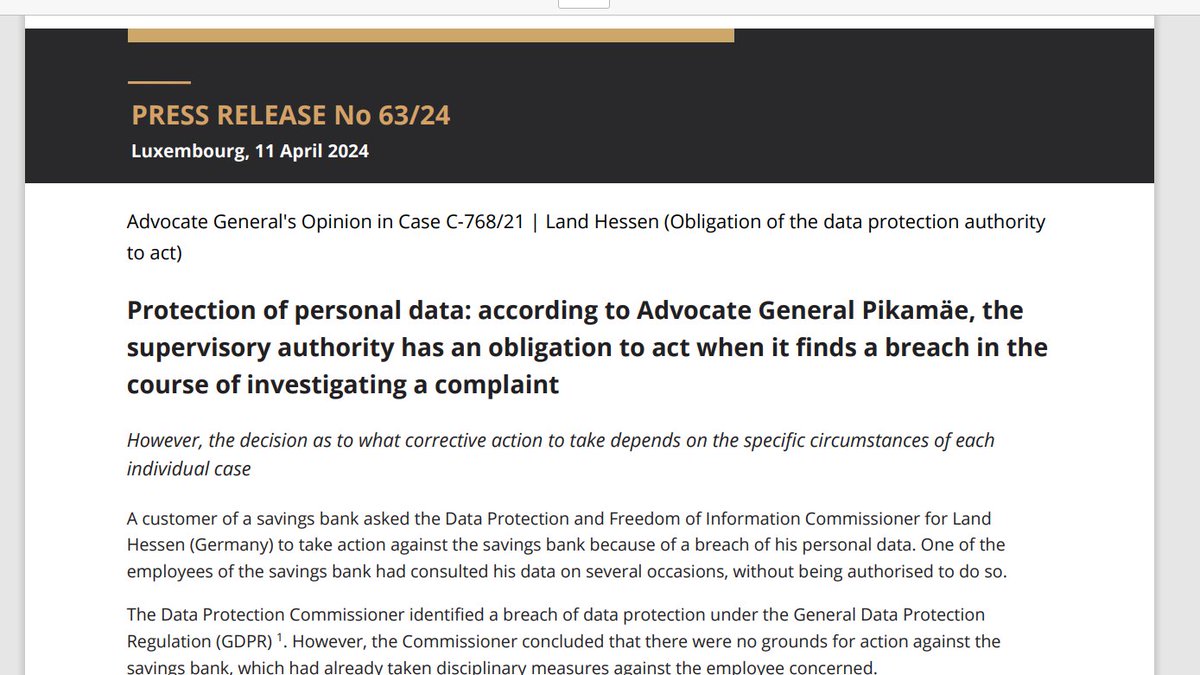 🚨🚨 #EUlaw and #dataprotection: according to new opinion by AG Pikamäe of @EUCourtPress , the supervisory authority has an obligation to act when it finds a breach in the course of investigating a complaint. curia.europa.eu/jcms/upload/do…