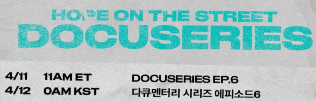 · ATENÇÃO, ARMYS: hoje lança o 6° episódio do documentário ‘hope on the street’❕

🗓️┊11/04
⏰┊12:00 PM (🇧🇷)

copia e cola a tag em apoio ao hoseok: 

HOTS DOCUSERIES EP 6 
HOTS DOCUMENTARY IS HERE 
HOPE ON THE STREET DOCUMENTARY  
#jhope #HOPE_ON_THE_STREET