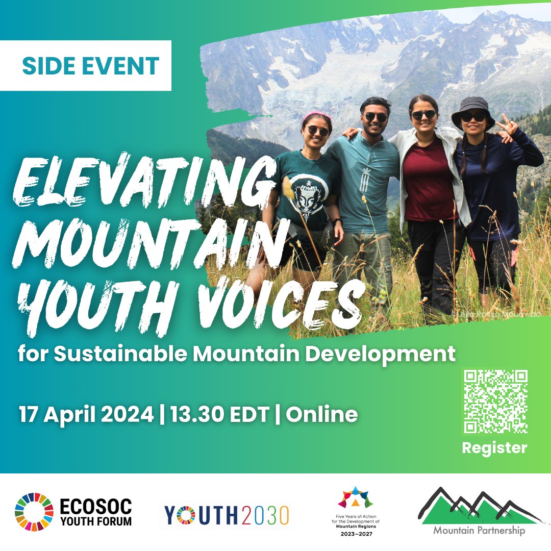 Save the date! Don't miss the Moutain Youth Hub's virtual side event at the #ECOSOC Youth Forum 'Elevating mountain youth voices for sustainable mountain development'! 📆 17 April @ 13.30 - 14.30 EDT / 19.30 - 20.30 CEST Learn more ➡️ bit.ly/4aNESol #MountainsMatter