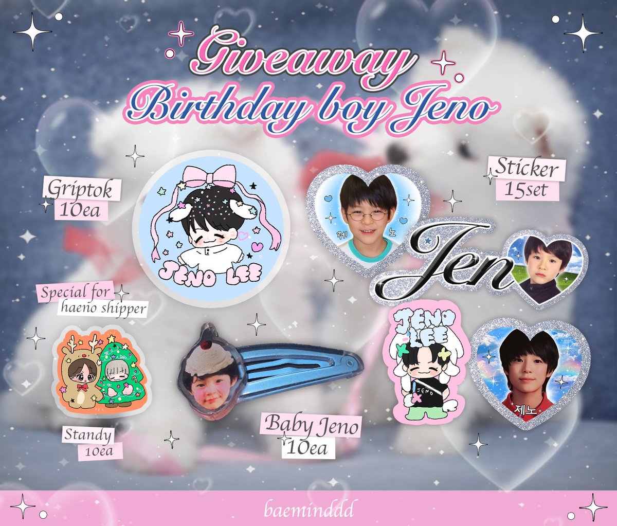 ｡ﾟﾟ･｡･ﾟﾟ｡ ﾟ。 giveaway birthday boy jeno🐶♡ 　ﾟ･｡･ 🍧˚⟢ Griptok (jeno’s bubble ♡234+) 10ea 🍧˚⟢ กิ๊บอะคริลิค 10ea 🍧˚⟢ Sticker baby jeno 15set ౨ৎ ⋆｡˚ special for haeno shipper : standee acrylic 10ea 21/04 at Siam, time : tba #HAPPYJENODAY #JENO #제노