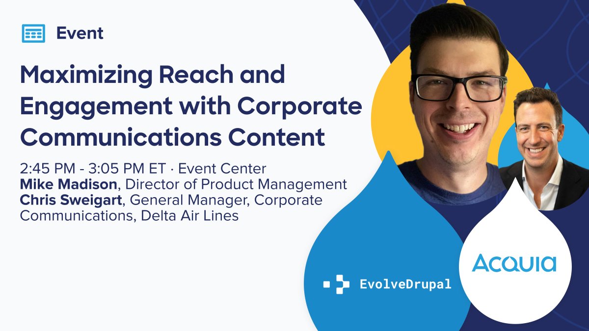 acquia's tweet image. Join us at #EvolveDrupal tomorrow to learn how the Delta News Hub has grown from a press release repository to a platform that connects directly with travelers and customers to increase engagement and foster reach with design and content strategies. evolvedrupal.com/presentation/m…