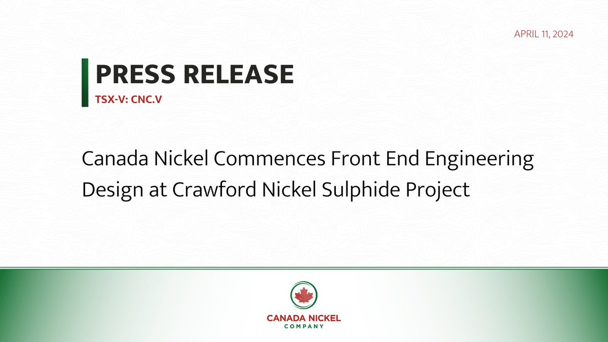 Canada Nickel Commences Front End Engineering Design at Crawford Nickel Sulphide Project
bit.ly/3VYxen1

TSXV: $CNC #Nickel #CanadaNickel #Ni #BatteryMetals #Mining #Exploration
