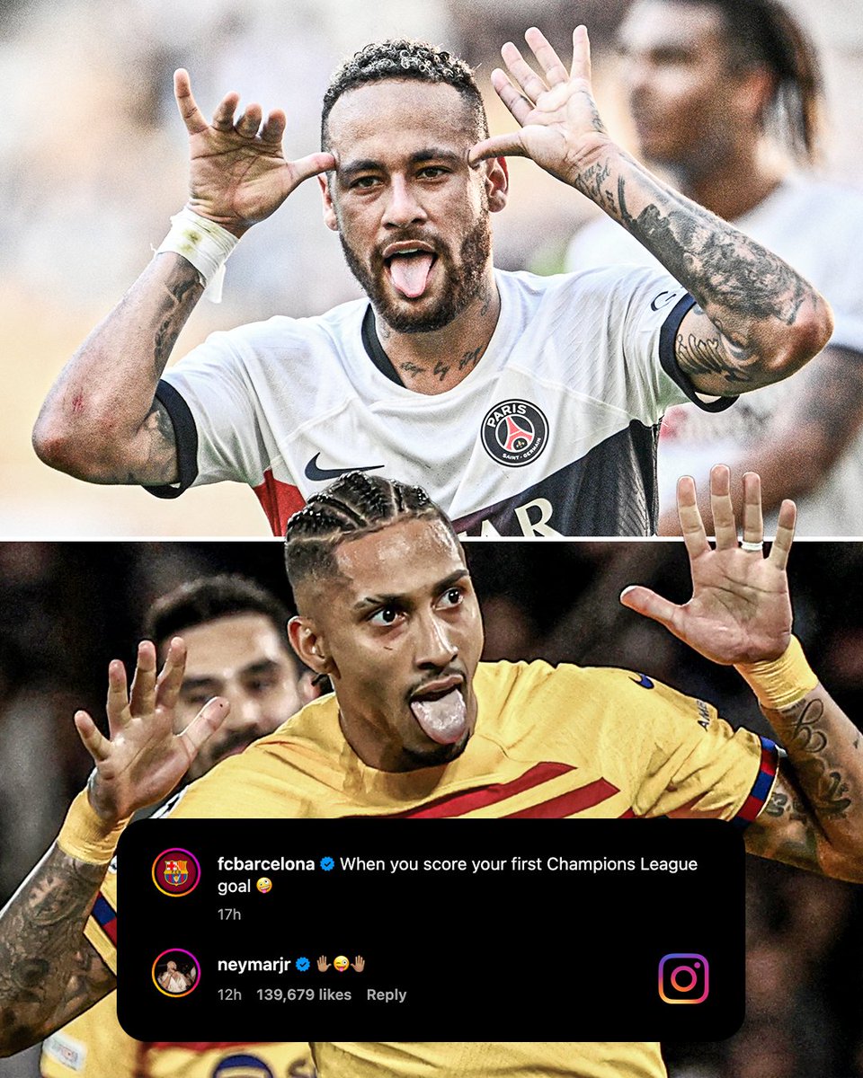 Neymar commented on Barcelona's Instagram post that was about Raphinha hitting his celebration against PSG, Neymar's former club.