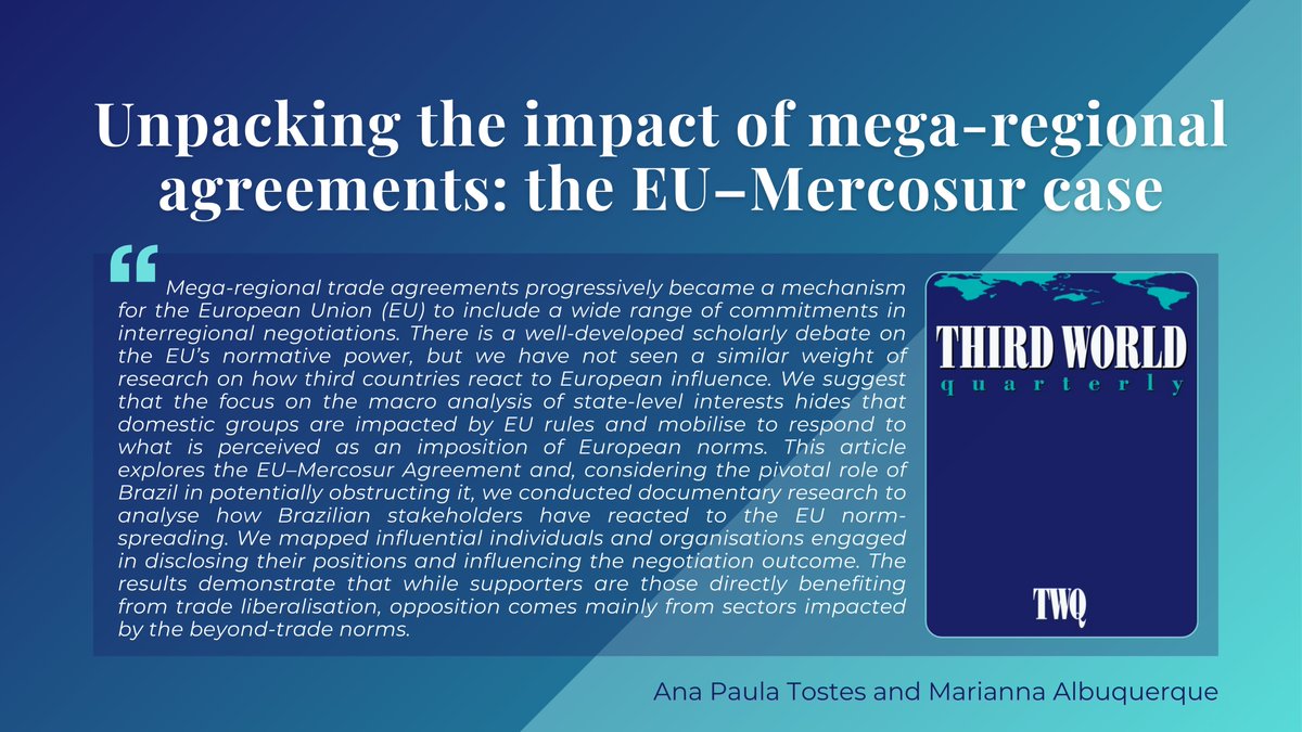 'This article explores the EU–Mercosur Agreement and [...] conducts documentary research to analyse how Brazilian stakeholders have reacted to the EU norm-spreading' New from Ana Paula Tostes and Marianna Albuquerque📚 doi.org/10.1080/014365… #Brazil
