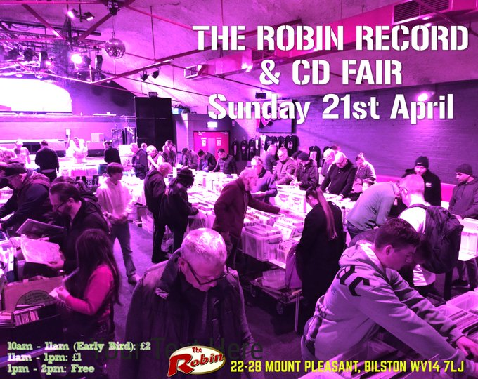 Just over a week away!
Record & Cd Fair back at @therobinvenue Sunday 21 April, 10am-2pm.
Plenty to browse in #Bilston's premier gig venue.
10-11am = £2 entrance
11am-1pm = £1 in
1-2pm = Free in
Get the tram/use FREE car park in rear of venue!
#RecordFair #Vinyl #BlackCountry