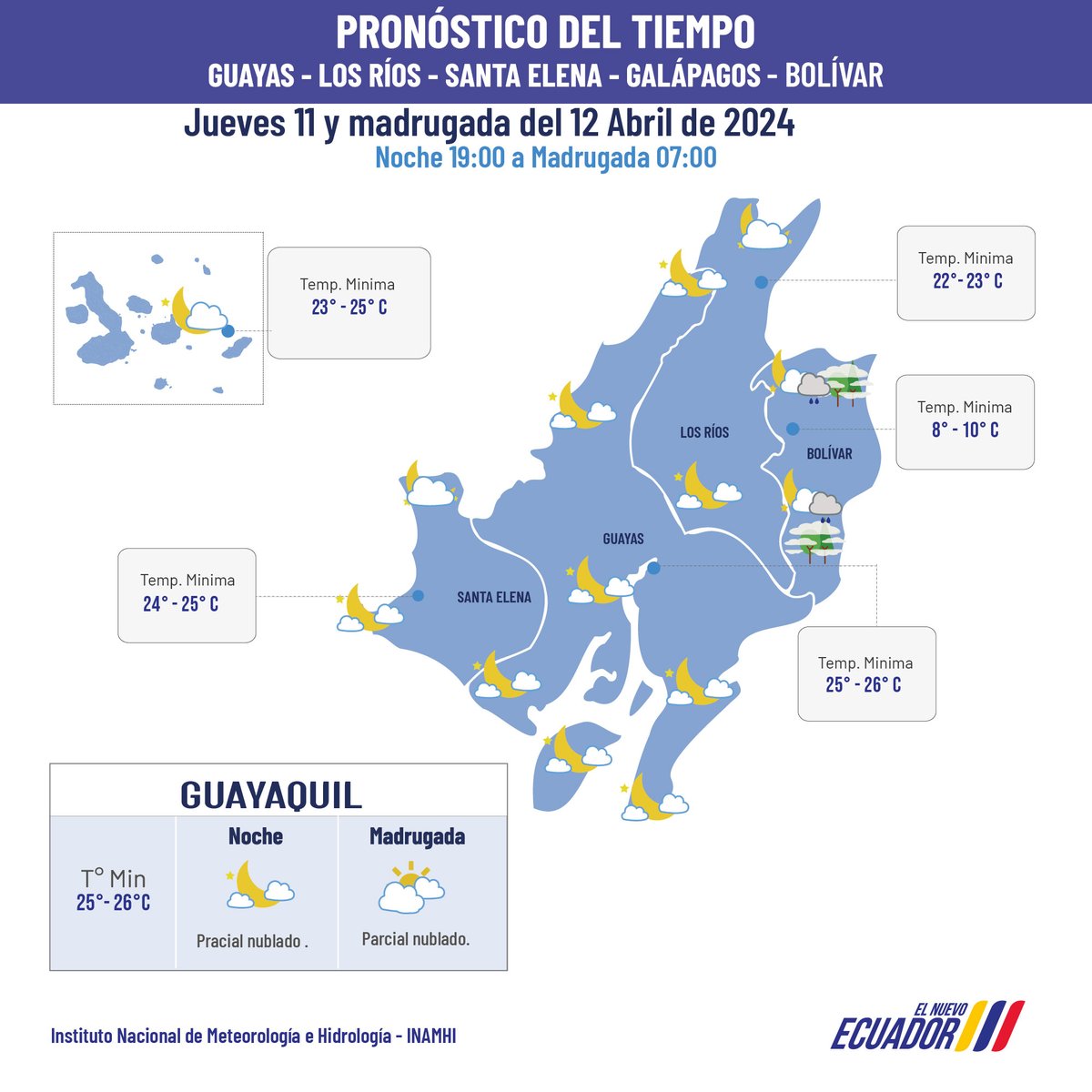 #PronosticoDelTiempo| Conozca el pronóstico para las provincias de #Guayas,#LosRíos, #SantaElena y #Galápagos para el jueves 11 y madrugada del 12 de abril 2024. @Riesgos_Ec @alcaldiagye @GadQuevedo @segura_ep @ecu911sambo @PrefGuayas