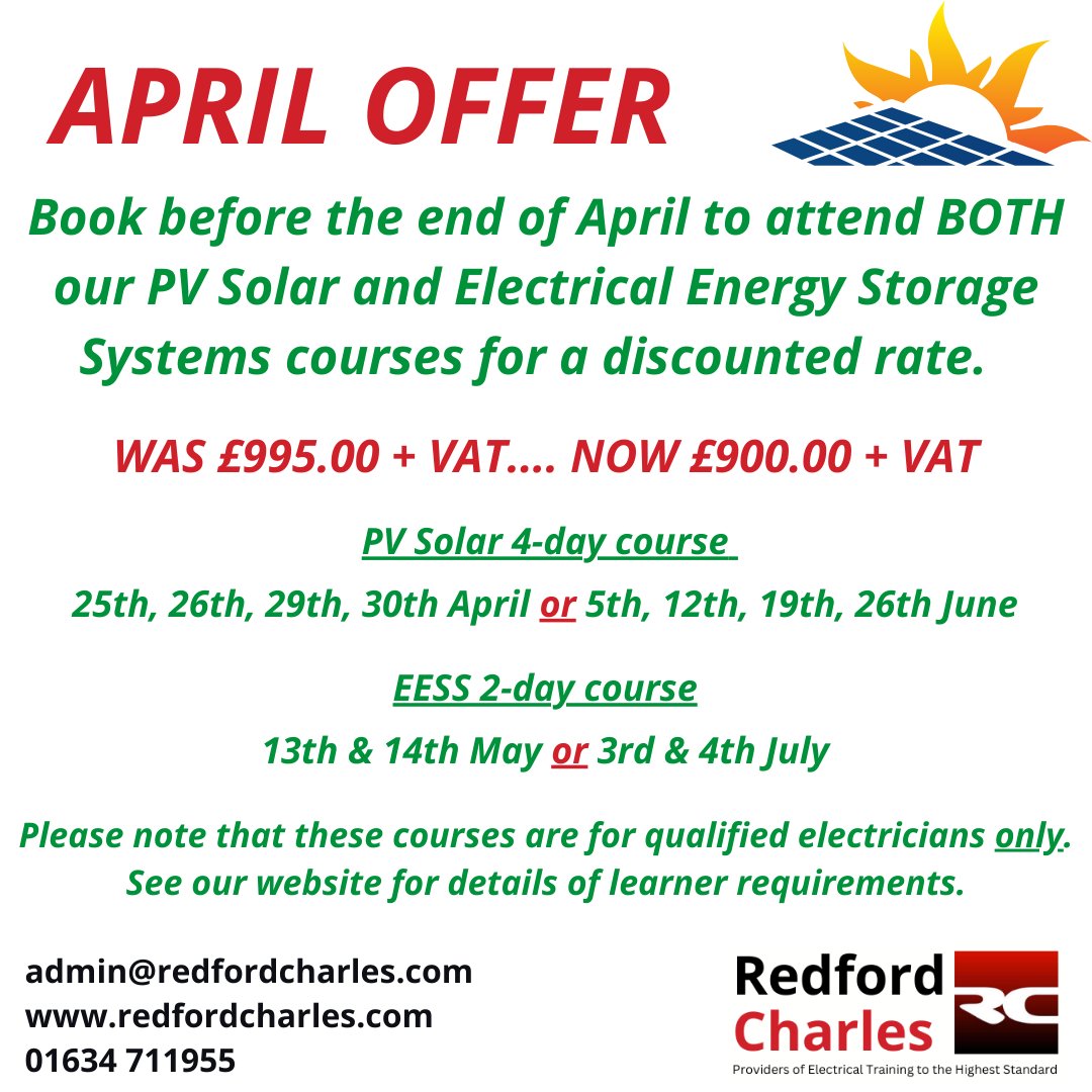 Our April Offer has been well received with only a couple of places remaining.  Book your PV Solar and Battery Storage courses today to receive a £95 discount!  #pvsolar #batterystorage #eal #electricaltraining #Training