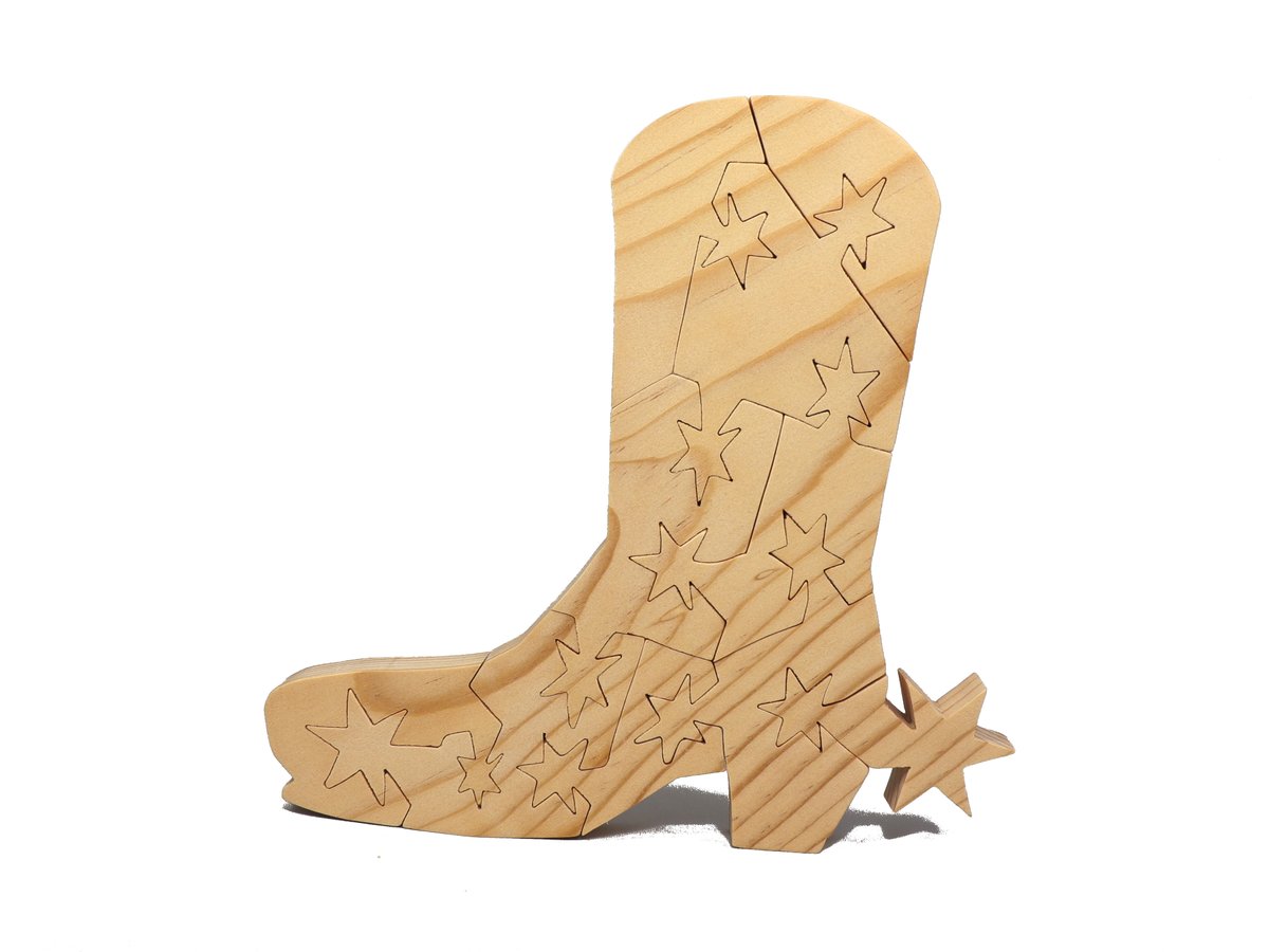 Cowboy Boot Puzzle With Unique Star Shaped Locking Tabs Handmade And Finished With Clear Shellac - Made In America is.gd/H0HXKw
#odinstoyfactory #handmade #woodtoys #madeinusa #madeinamerica #goimagine