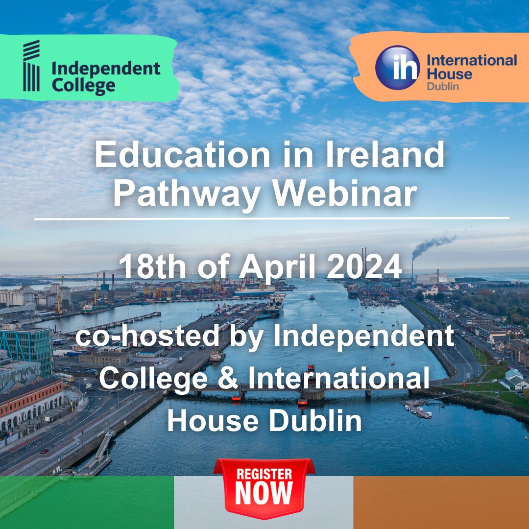 Join our Pathway to Higher Education in Ireland Webinar online on the 18th of April, co-hosted by Independent College and International House Dublin. 👨‍🎓 👩‍🎓
 
Register here to join our FREE webinar, all your questions answered by our expert team:   cognitoforms.com/independentcol… ☘