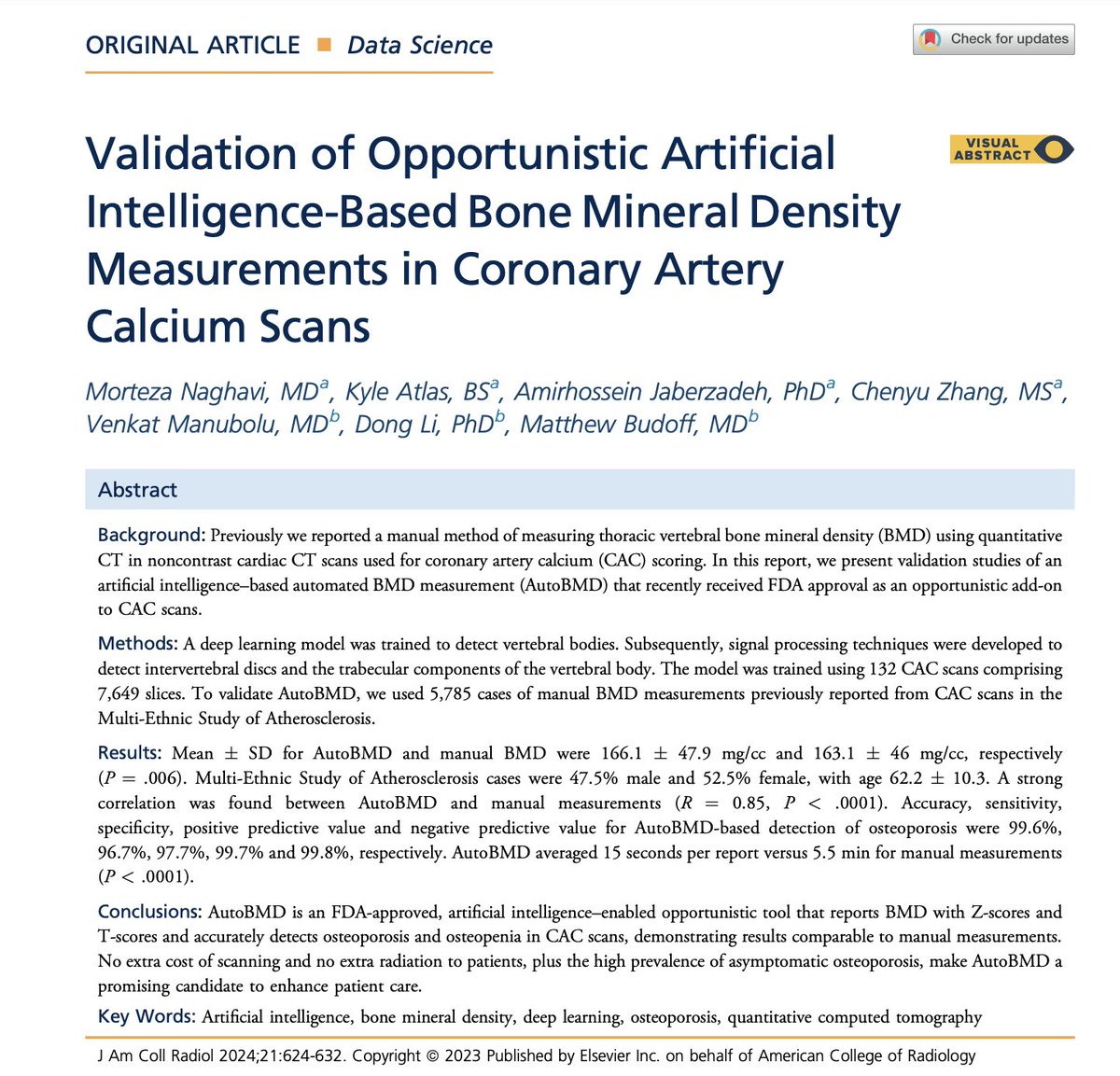 📰 April 2024 @JACRJournal 

Why would we use AI-enabled automated measurement of bone mineral density in routine coronary artery calcium scans?

For early detection of osteopenia/osteoporosis at no additional...
✅Cost
✅ Radiation exposure