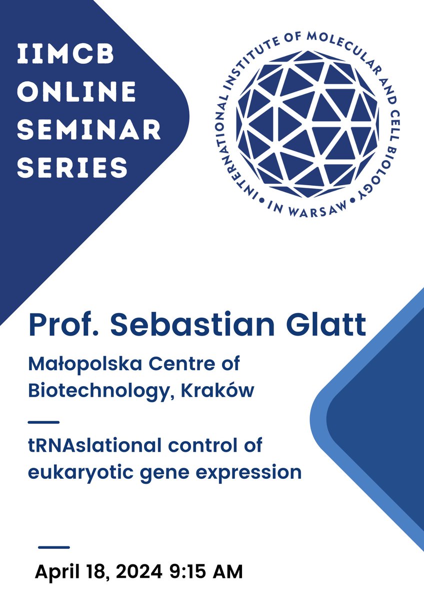 We are pleased to invite you to the upcoming scientific seminar by Prof. @GlattSebastian from @MCB_UJ 🗓️ 18.04.2024 🕘 9:15 AM CET 💻 Join us: tinyurl.com/ProfSebastianG…