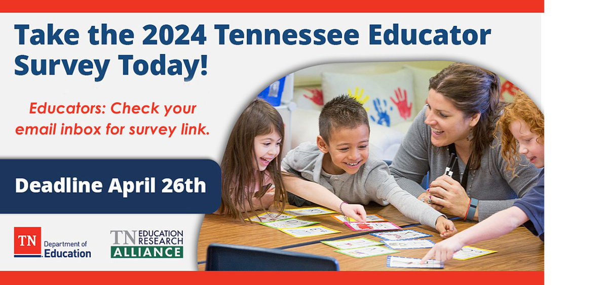 TN educators: Your district and the state want your feedback! Check your email for the 2024 #TNEdSurvey and don’t forget to participate by April 26. @TNEdu @TNEdResAlliance