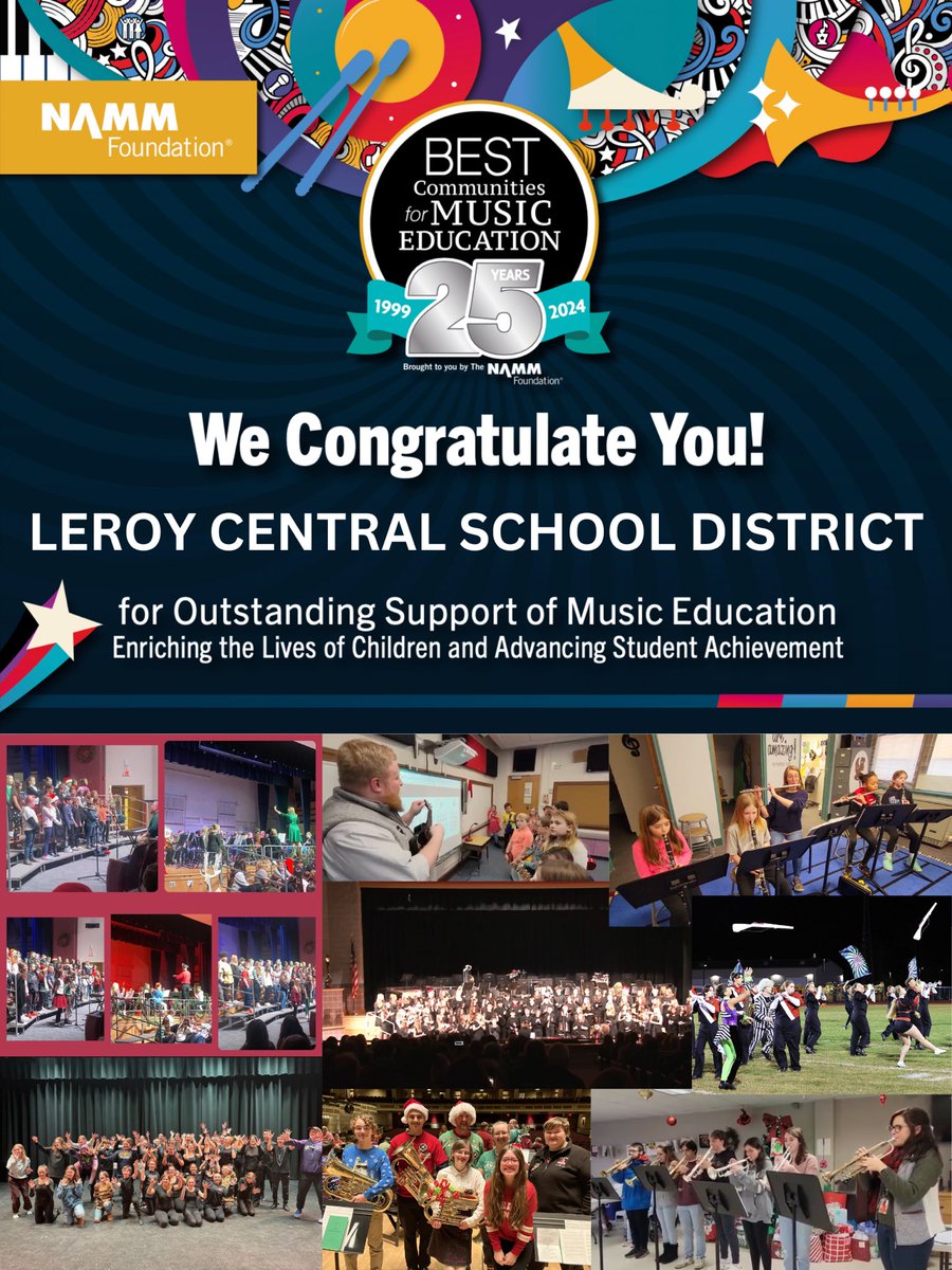 We are so proud to have been selected for The Best Communities of Education Award through @NAMMFoundation for the 17th year! Thank you to our students and the LeRoy Community for the continued support! It takes a Village and we have a great one! @OfficialNYSSMA #LRmusic