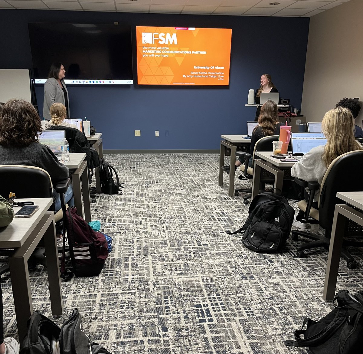 .@FullSpectrumMkt is in #UAkronMarketing today! Amy Husted, VP of Performance, and Caitlyn Gow, Digital Content Specialist and 2023 <a href="/uakronbusiness/">The University of Akron College of Business</a> alumna. #ExperienceBusiness