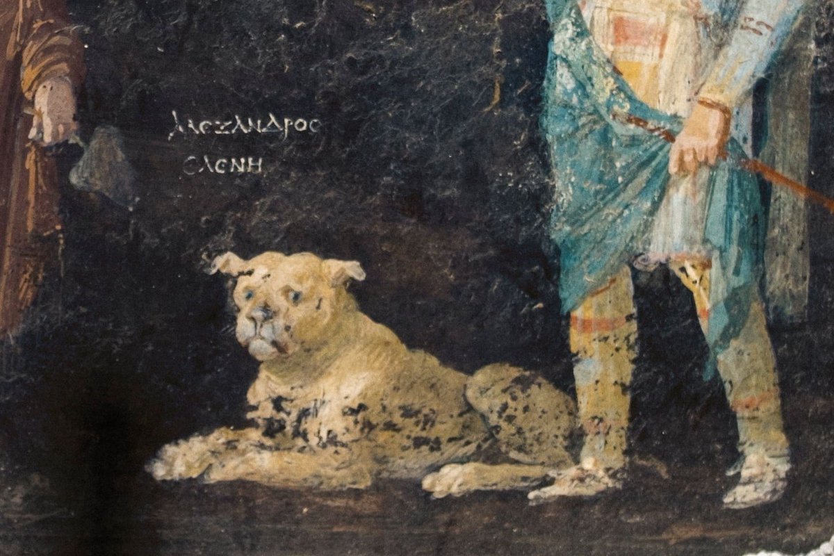 I don’t see Paris or Helen. All I see is this magnificent dog, who seems to know this will all end badly. #Pompeii Does the Greek text say ‘Alexandros (cane?)’