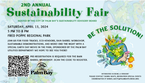 This Saturday, 5 - 8 PM Stop by and say hi while you're at the Palm Bay Sustainability Fair at Fred Poppe Park. 🔹Food Trucks 🔹Eco-Venders 🔹Rain Barrel Workshop and then a Movie in the Park! #BeTheSolution