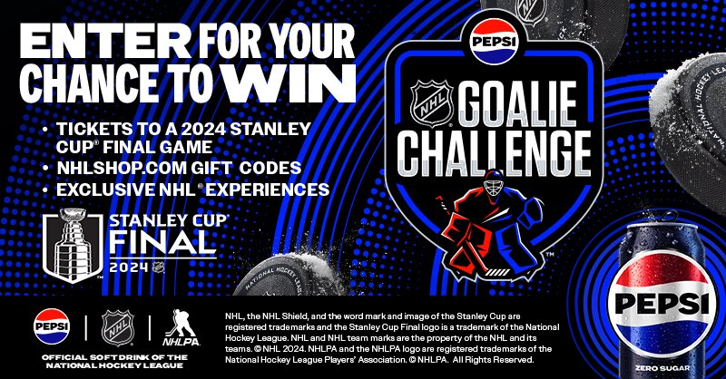 The Pepsi Zero Sugar NHL Goalie Challenge is in OT and it’s your last chance to win tickets to a #StanleyCup Final game & more! Enter, view end date & rules here: nhl.com/pepsigoaliecha… 🏒🥅 NO PURCH. NECESS. Void Where Prohibited. 50 US/DC/CAN res only, age of maj.+.