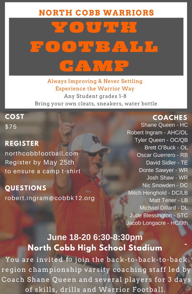 Bring your K-8th grader to the best Youth Camp in Georgia @NCWarriorsFB Great staff, current and former players are ready to help you Experience the “Warrior Way”. June 18-20.