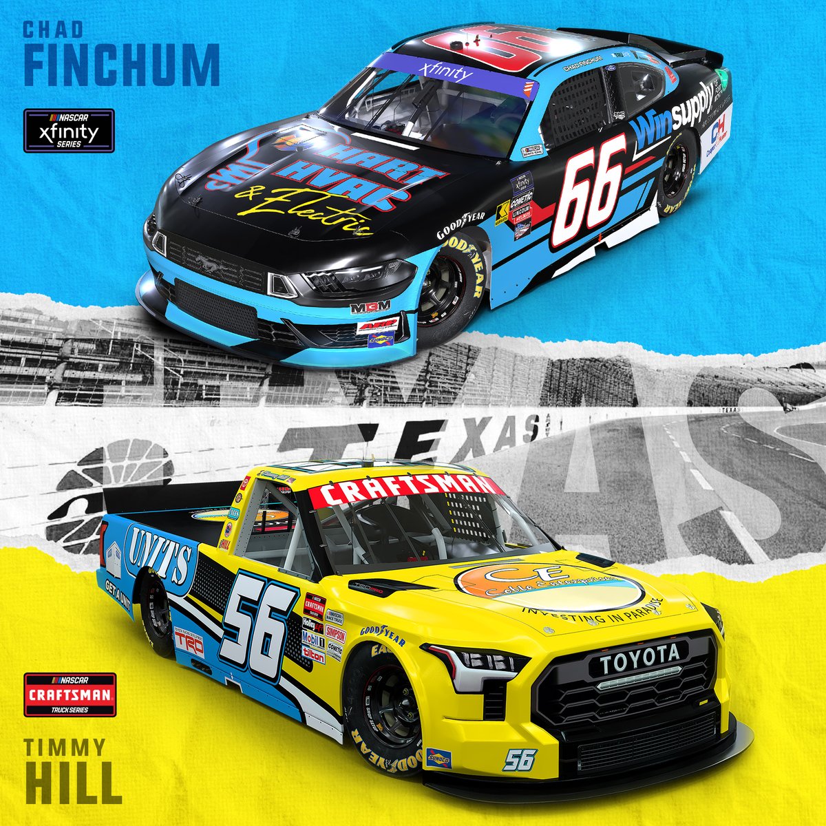 Check out the SMD paint schemes heading to @TXMotorSpeedway this weekend! 🏁

@NASCAR_Trucks 
56 - @TimmyHillRacer  - @CobleCommercial / @UnitsStorage 

@NASCAR_Xfinity 
66 - @ChadFinchum - Hart HVAC / @Winsupply 

#NASCARtrucks #NASCAR #PaintSchemeDesign @TeamHill56