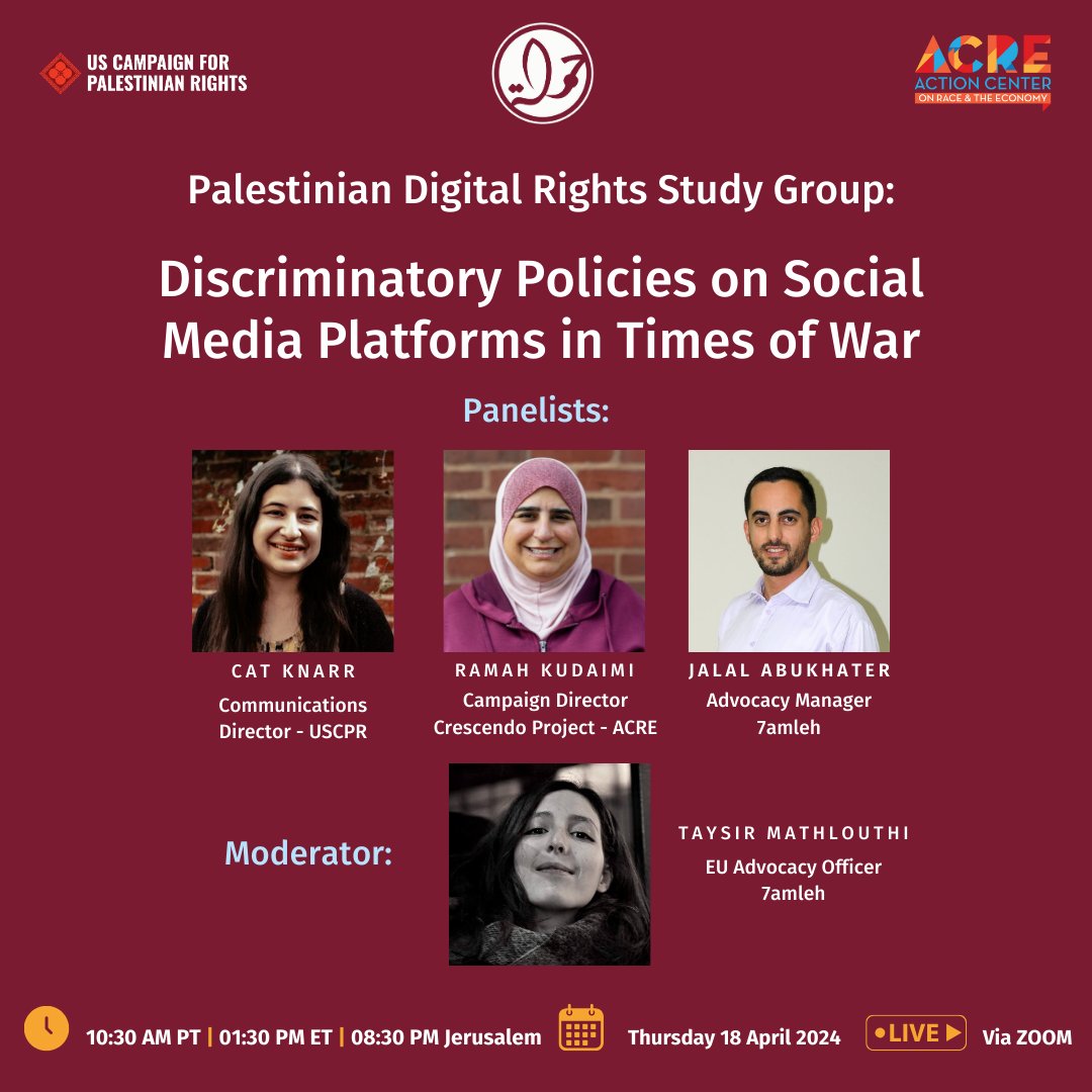 📣7amleh invites you to the second installment of our Palestinian Digital Rights Group, we will be discussing the role of social media since the start of the war on Gaza and the ongoing genocide. 📌register through this link: us06web.zoom.us/webinar/regist… @acrecampaigns @USCPR_