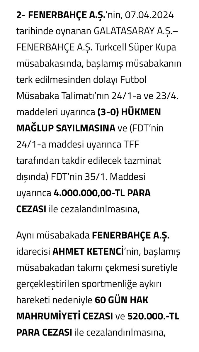 PFDK kararları açıklandı. Fenerbahçe maddesi;