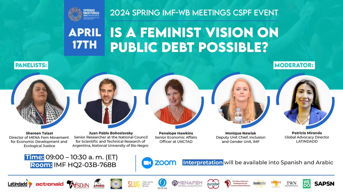 🟣 WB-IMF #SpringMeetings – #CSPF event: Is a feminist vision on public debt possible? 🗓️ Date: April 17th ⏰ Time: 9:00 (ET) 📌 Click here to join (Zoom): bit.ly/43TVzMP Room: IMF HQ2-03B-768B #IMF #WorldBank #CSPF2024