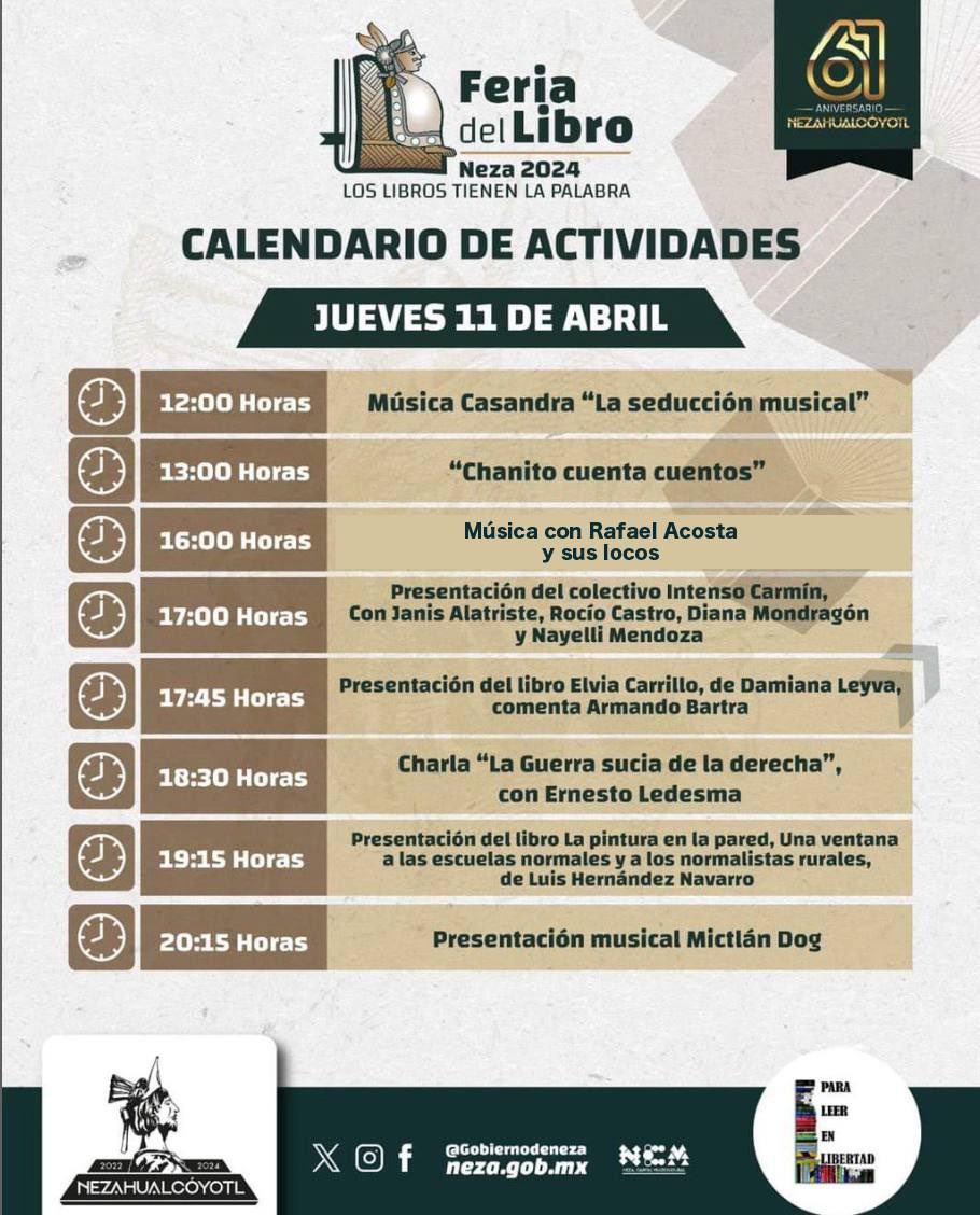 Los esperamos hoy de 11am a 9pm hoy nos acompañan #ArmandoBartra @eledesmaa @lhan55 @RompevientoTV @rafaelacostaof y varias actividades más, los esperamos en la explanada del municipio 📚