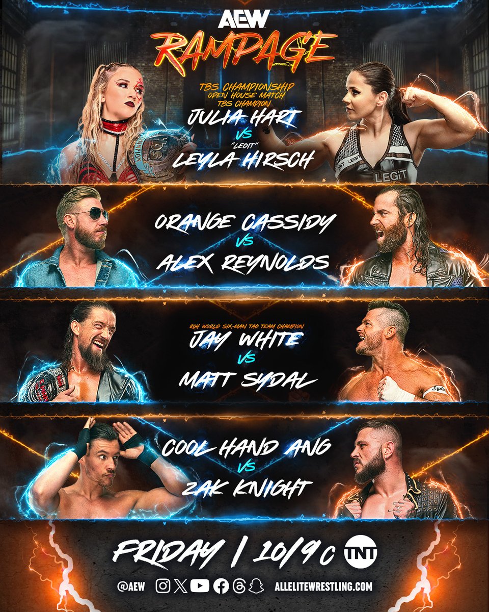 🍿 There is must-see action going TOMORROW NIGHT on #AEWRampage.

Hart vs Hirsch
Cassidy vs Reynolds
White vs Sydal
Ang vs Knight

Watch on AEWplus.com at 3amGMT

*#AEWplus is available in select Intl markets on #TrillerTV