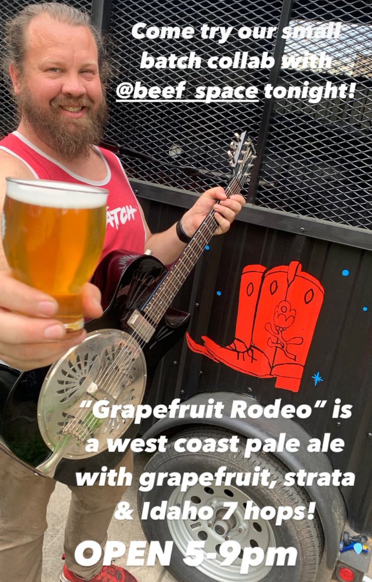 “Grapefruit Rodeo” is on tap as of last night. Stop by to try this small batch West Coast pale ale with grape fruit, Strata and Idaho 7 hops. Collab with Beef Space BBQ.