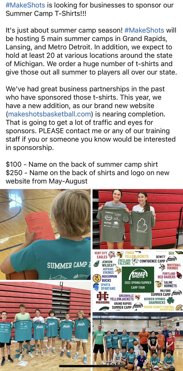 #MakeShots is looking to partner with businesses for our Summer Camp T-Shirts! @Mr_Krynicki @trevor_chalmers @coachmsoukup @UMHail21