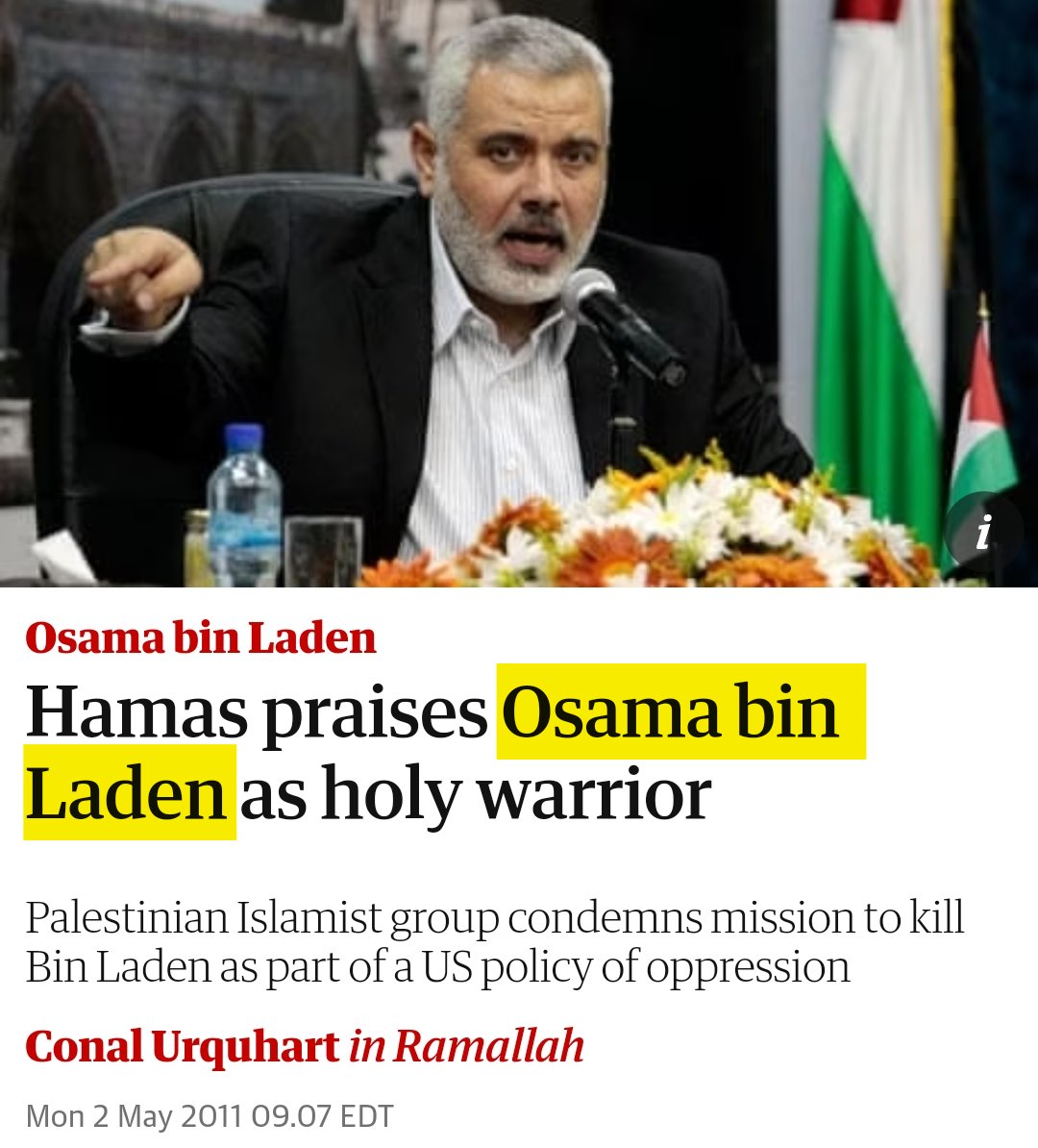 Nothing to see here. Ismail Haniyeh and Hamas are, of course, just freedom fighters.