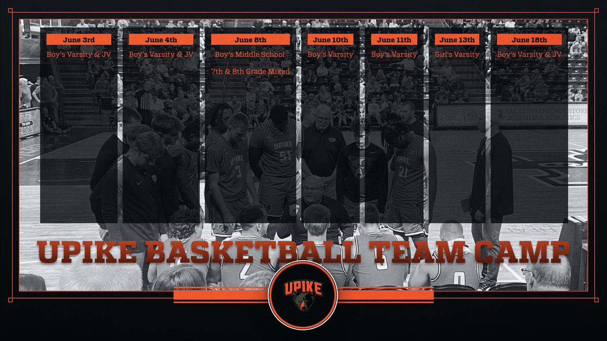 UPIKEBasketball's tweet photo. 🚨SUMMER TEAM CAMP INFO🚨
-Boys V/JV, Girls V, MS (7th &amp; 8th Mixed)
-$150 per team
-2 Game Guarantee

Contact tighcompton@upike.edu or sidcrist@upike.edu for more info or to lock in your spot‼️ https://t.co/esHYApqtl4