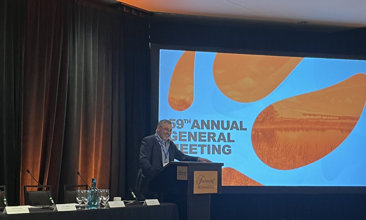 Chair of @ManitobaPork, Rick Préjet, kicking off their 59th AGM this morning in Winnipeg. Looking forward to a packed agenda today discussing all things pork and the immense impact of this sector on the Manitoba economy! #agriculturematters