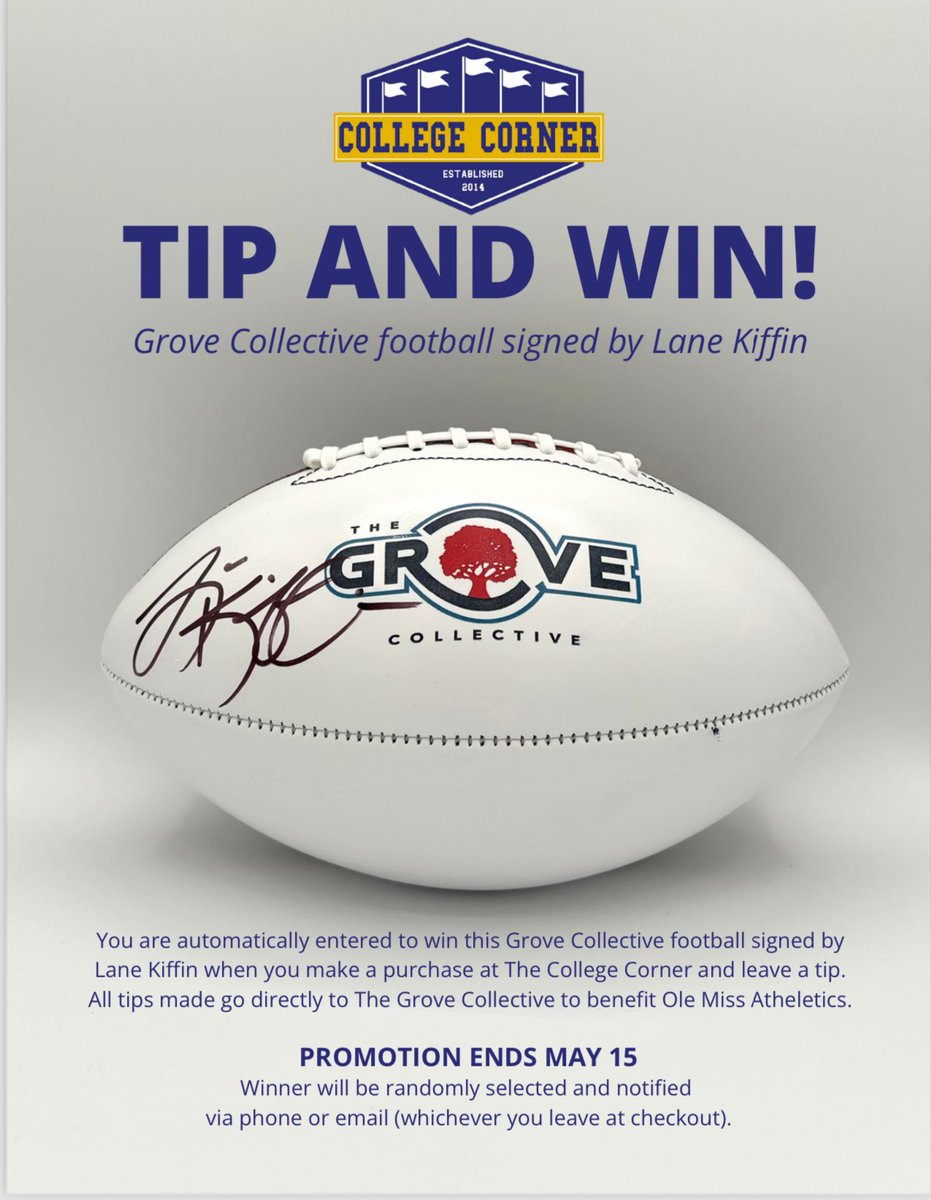 Tip and win a signed GC @Lane_Kiffin football at @CollegeCornerMS (Oxford location only)!! 🏈 We have a busy weekend in Oxford, go grab all of your game day apparel and support the Grove Collective! 🔴🔵